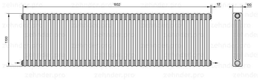 Схема (чертеж) Радиатор Zehnder Charleston 3110/42 №2670 Белый глянцевый RAL 9016